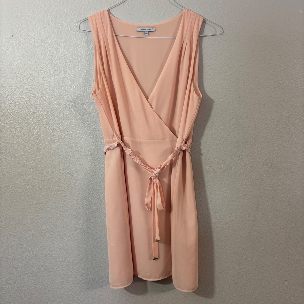 Naked Zebra Peach Sleeveless Faux Wrap Dress Pleated Shoulder Tie Waist Large